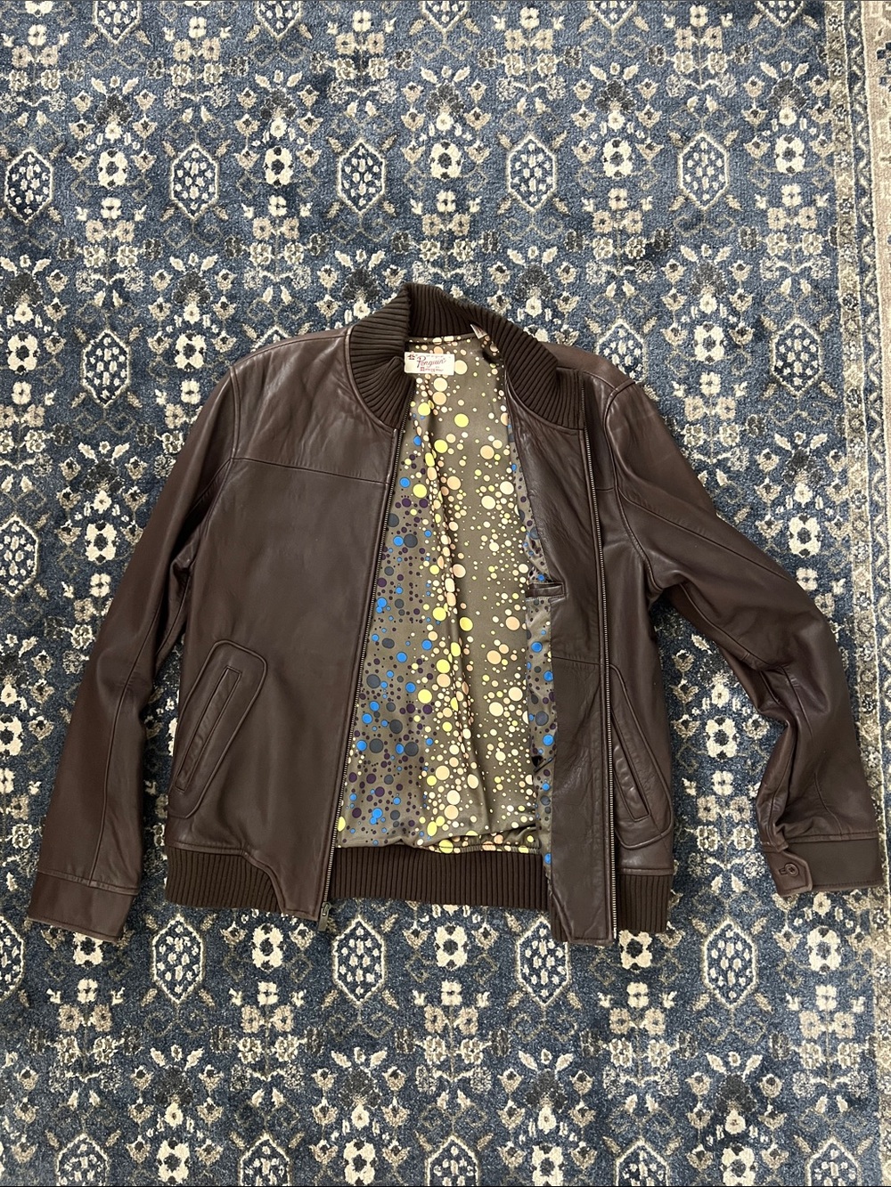 Original Penguin Men's Dark Brown Leather Bomber Jacket with Patterned Lining